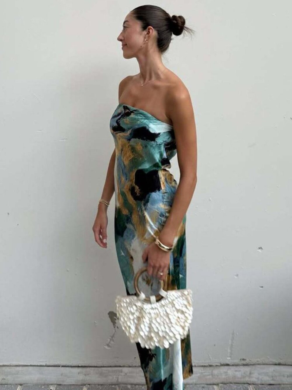 12th Tribe Natalia Blue and Gold Watercolor Strapless Maxi Dress Size LL - Picture 3 of 3